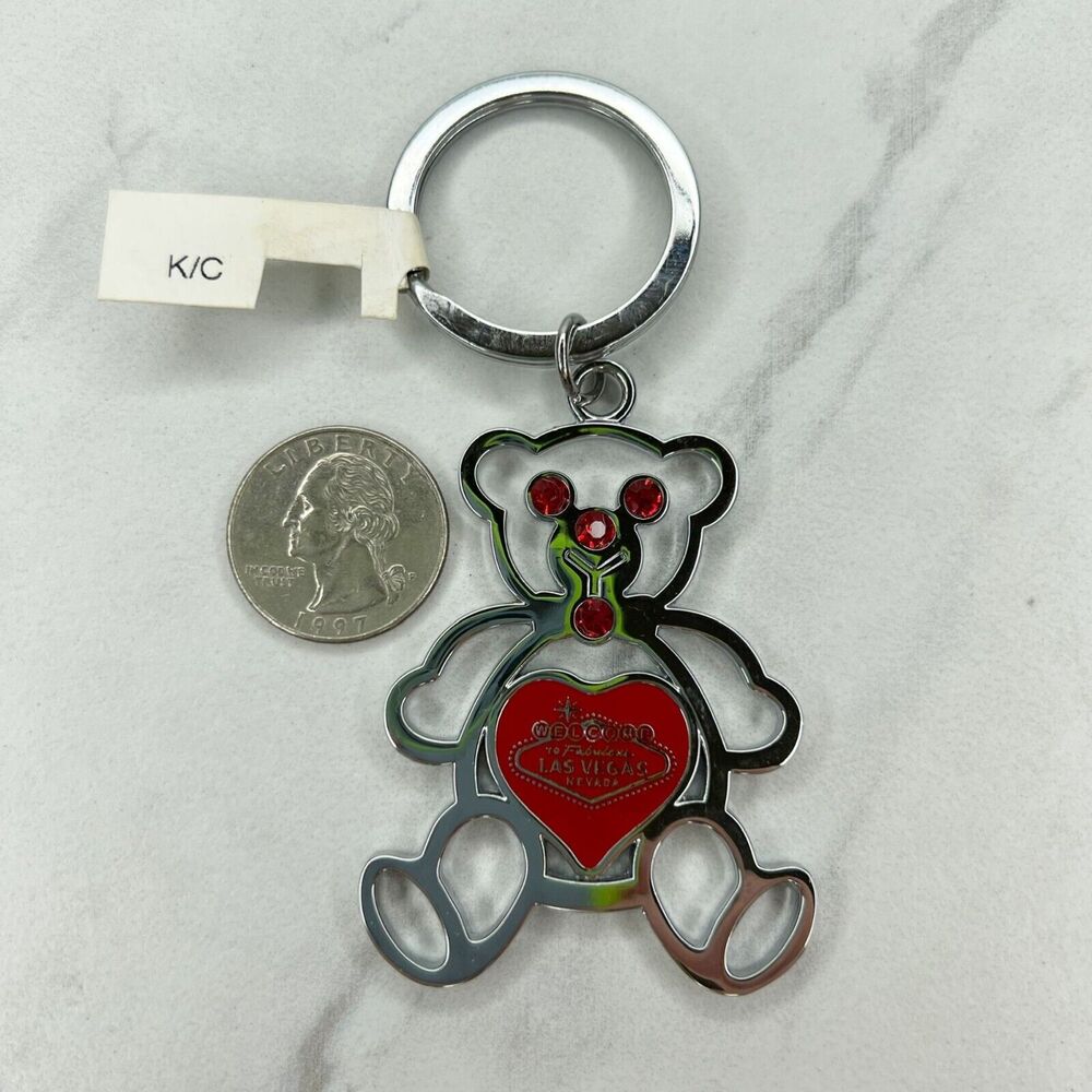 Silver Tone Red Rhinestone Bear Las Vegas Souvenir Keychain Keyring